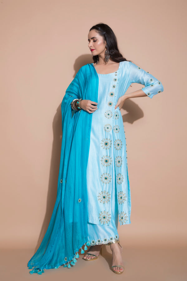 Turquoise Side Slit Kurta Set-Indian wear-Pallavi Jaipur
