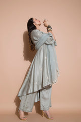 Linen Satin Kurta with Culottes and Organza Dupatta-Indian wear-Pallavi Jaipur