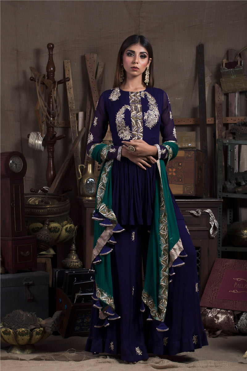 Aubergine Kurta Sharara Set-Indian wear-Pallavi Jaipur