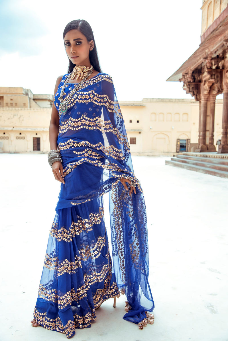 Royal Blue Scallop Silk Saree-Indian wear-Pallavi Jaipur