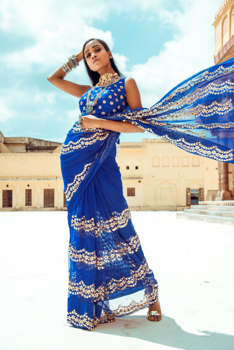 Royal Blue Scallop Silk Saree-Indian wear-Pallavi Jaipur