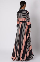 Salmon Pink Striped Long Jacket with Black Culottes