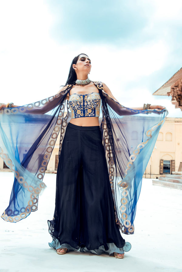 Midnight Blue Set of Corset,Cape and Pants-Indo Western-Pallavi Jaipur