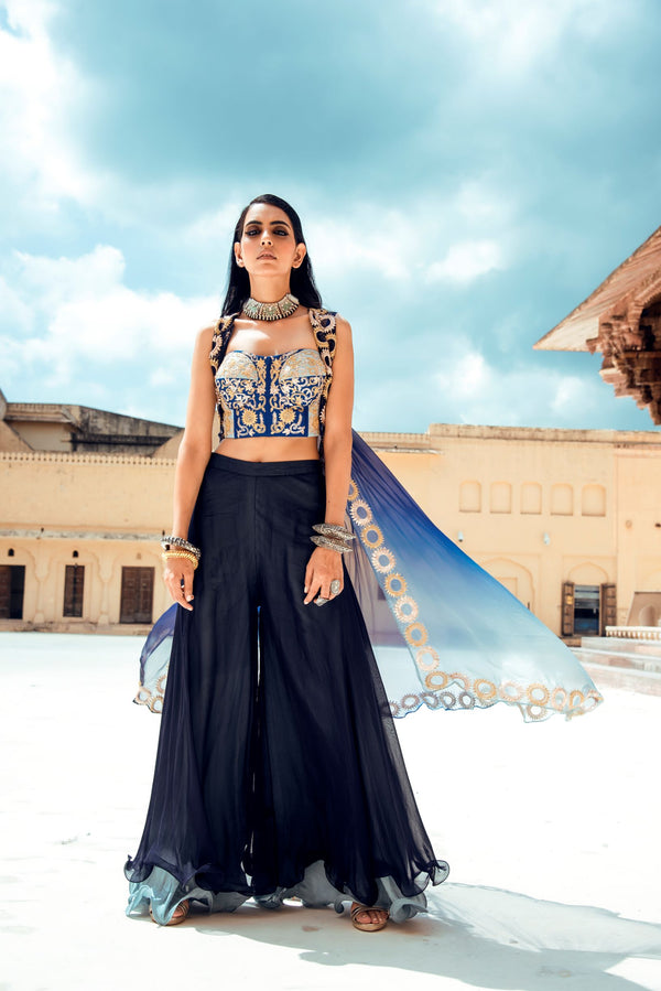 Midnight Blue Set of Corset,Cape and Pants-Indo Western-Pallavi Jaipur