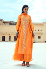 Saffron Orange Embroidered Kurta Set-Indian wear-Pallavi Jaipur