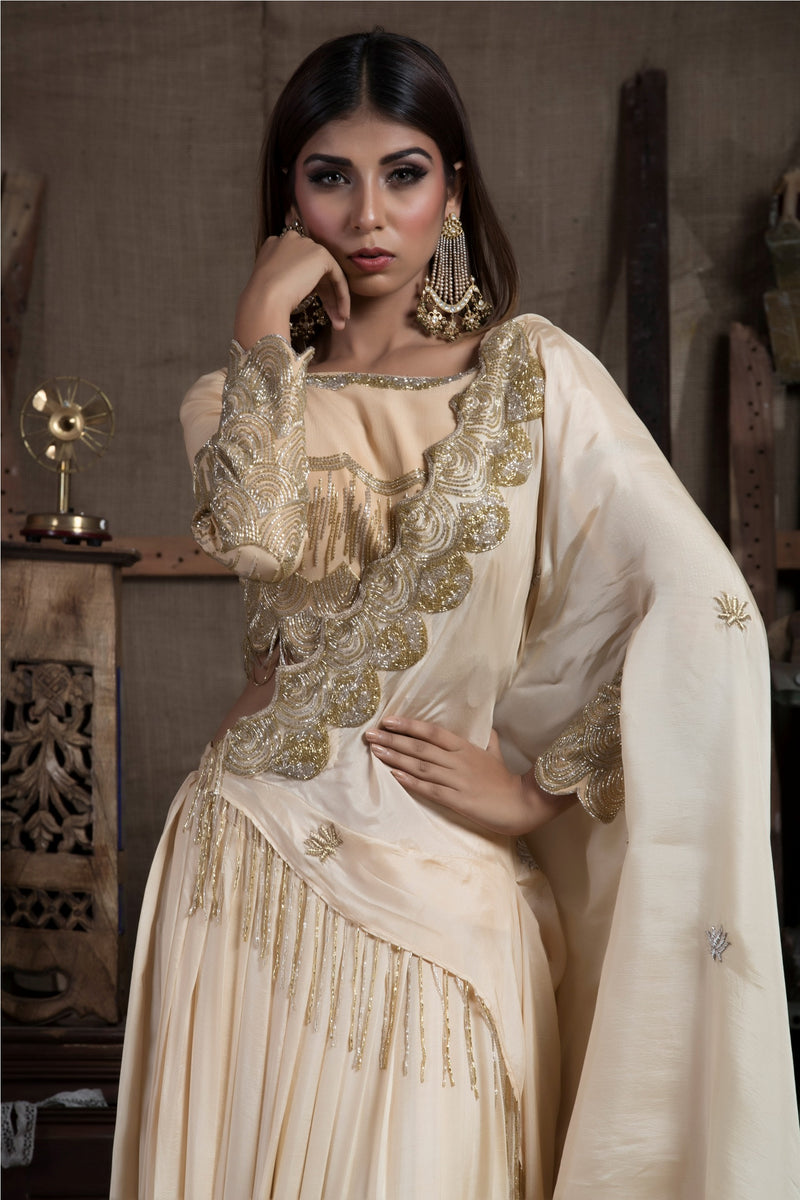 Beige Skirt Saree with Blouse-Indian wear-Pallavi Jaipur