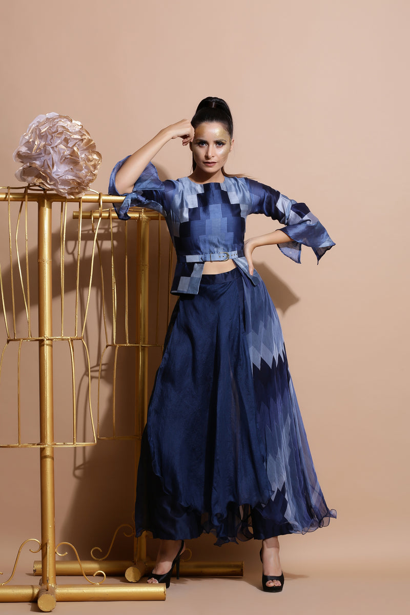Navy Peplum Top with Drape Pants-Indo Western-Pallavi Jaipur