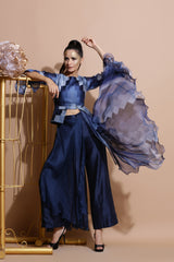Navy Peplum Top with Drape Pants-Indo Western-Pallavi Jaipur