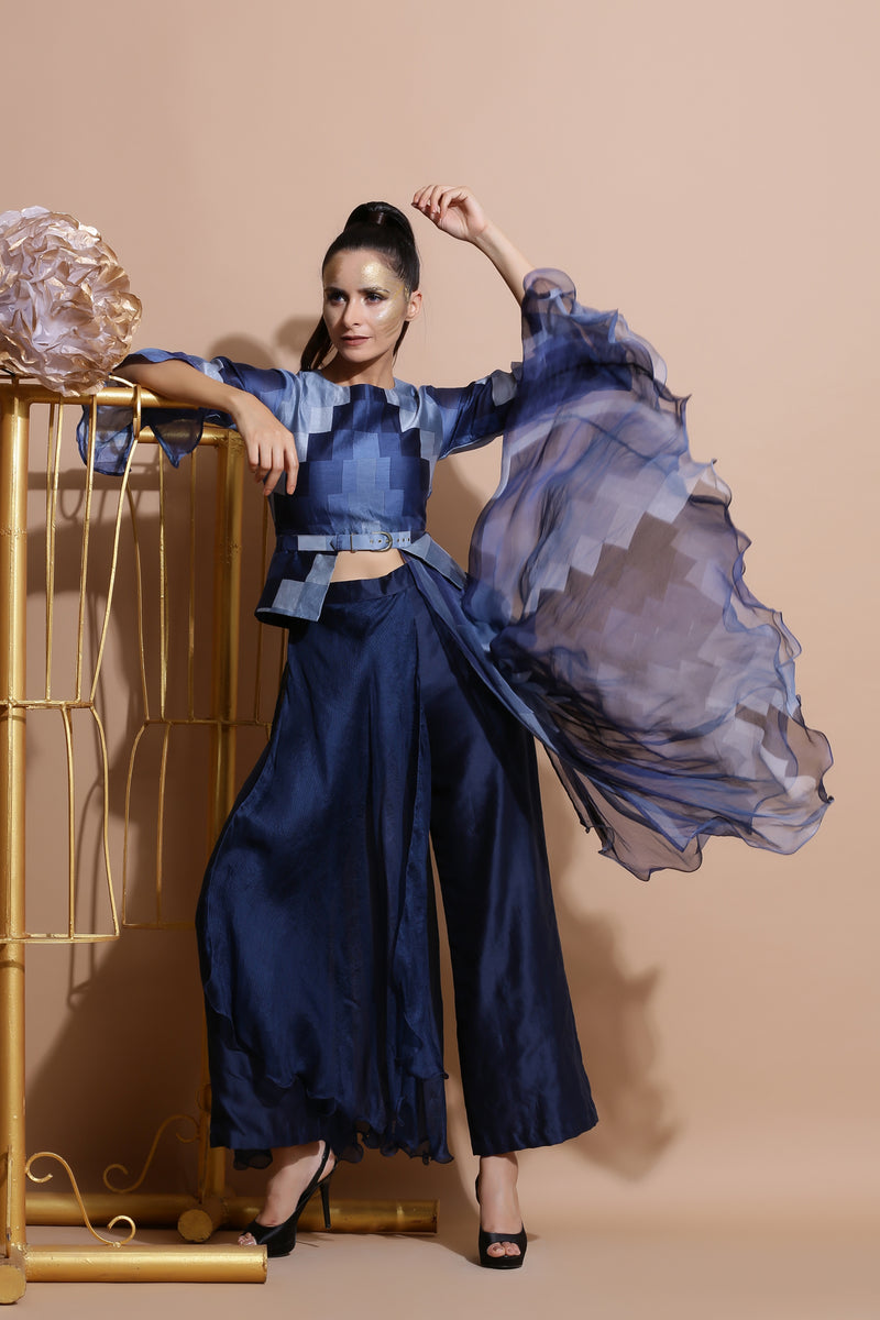 Navy Peplum Top with Drape Pants-Indo Western-Pallavi Jaipur