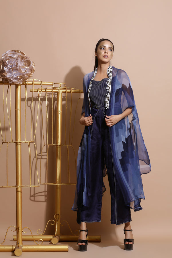 Navy Blue Jumpsuit with Belt and Cape-Indo Western-Pallavi Jaipur