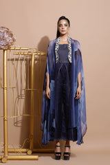 Navy Abstract print embroidered Cape-Indo Western-Pallavi Jaipur