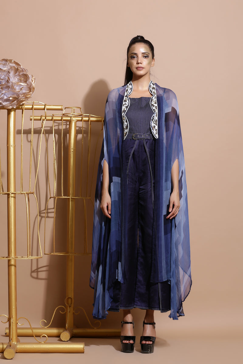 Navy Abstract print embroidered Cape-Indo Western-Pallavi Jaipur