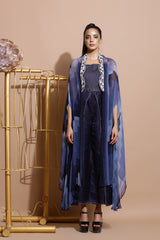 Navy Blue Jumpsuit with Belt and Cape-Indo Western-Pallavi Jaipur