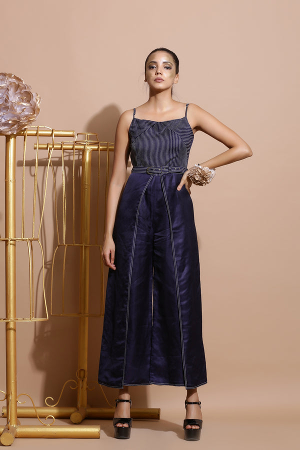 Navy Blue wrap Jumpsuit with belt-Indo Western-Pallavi Jaipur