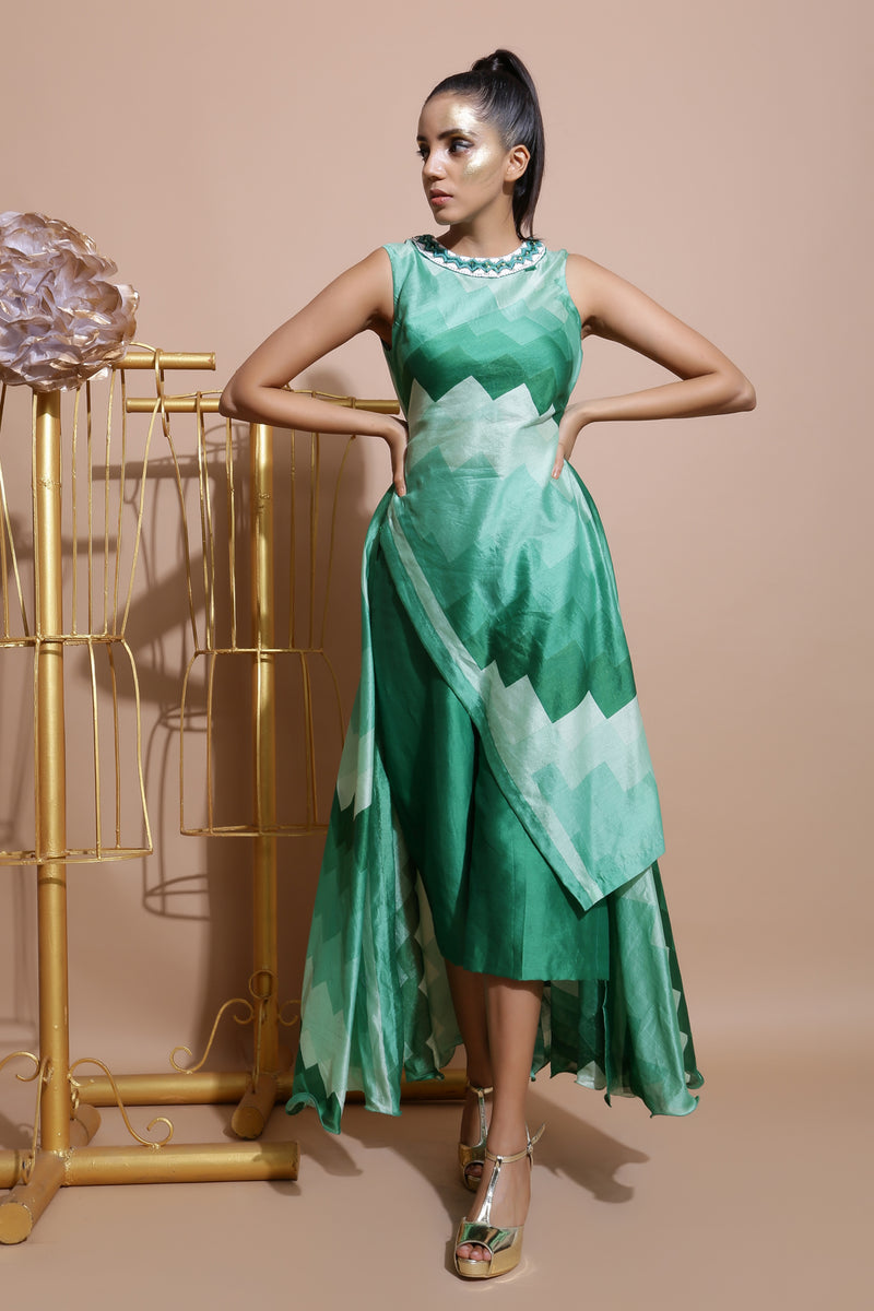 Green Asymmetric Top with short Culottes-Indo Western-Pallavi Jaipur