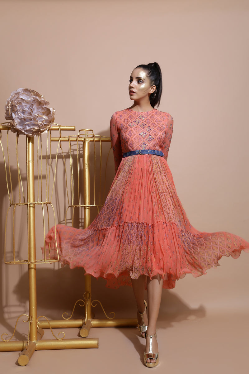 Salmon midi Dress with Printed Belt-Indo Western-Pallavi Jaipur