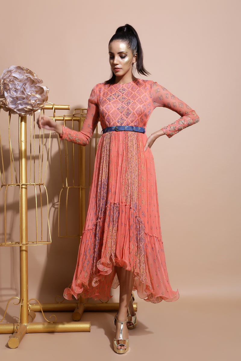 Salmon midi Dress with Printed Belt-Indo Western-Pallavi Jaipur