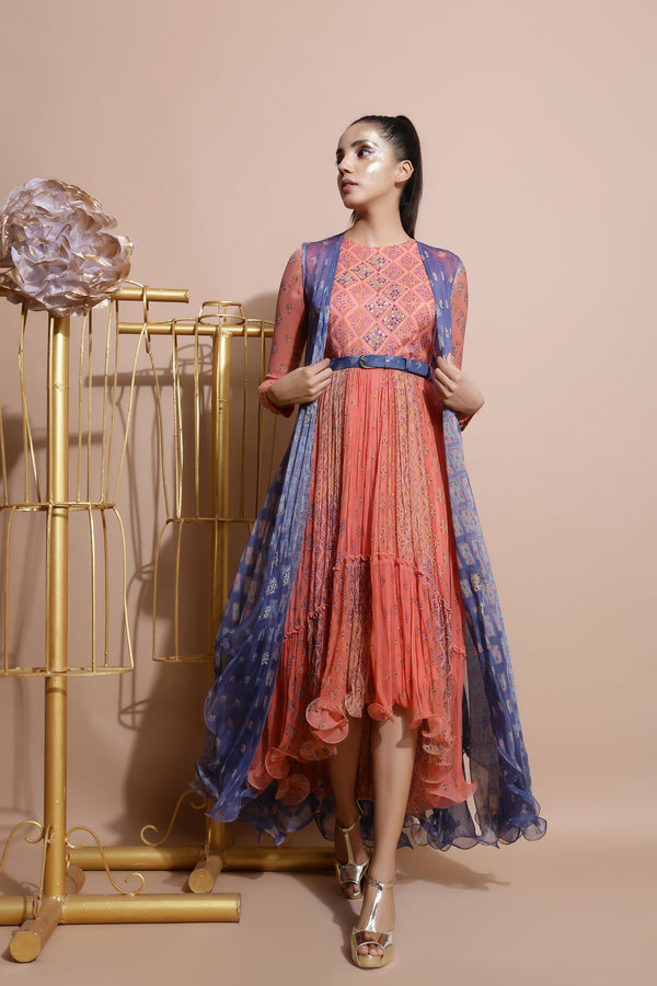 Salmon Midi Dress with Printed Cape and Belt-Indo Western-Pallavi Jaipur