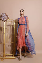 Salmon Midi Dress with Printed Cape and Belt-Indo Western-Pallavi Jaipur