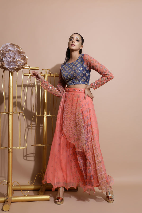 Indigo Blue Crop Top with Salmon Skirt-Indo Western-Pallavi Jaipur