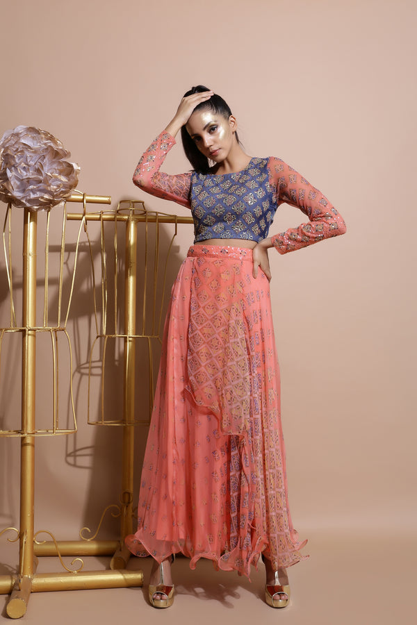 Indigo Blue Crop Top with Salmon Skirt-Indo Western-Pallavi Jaipur