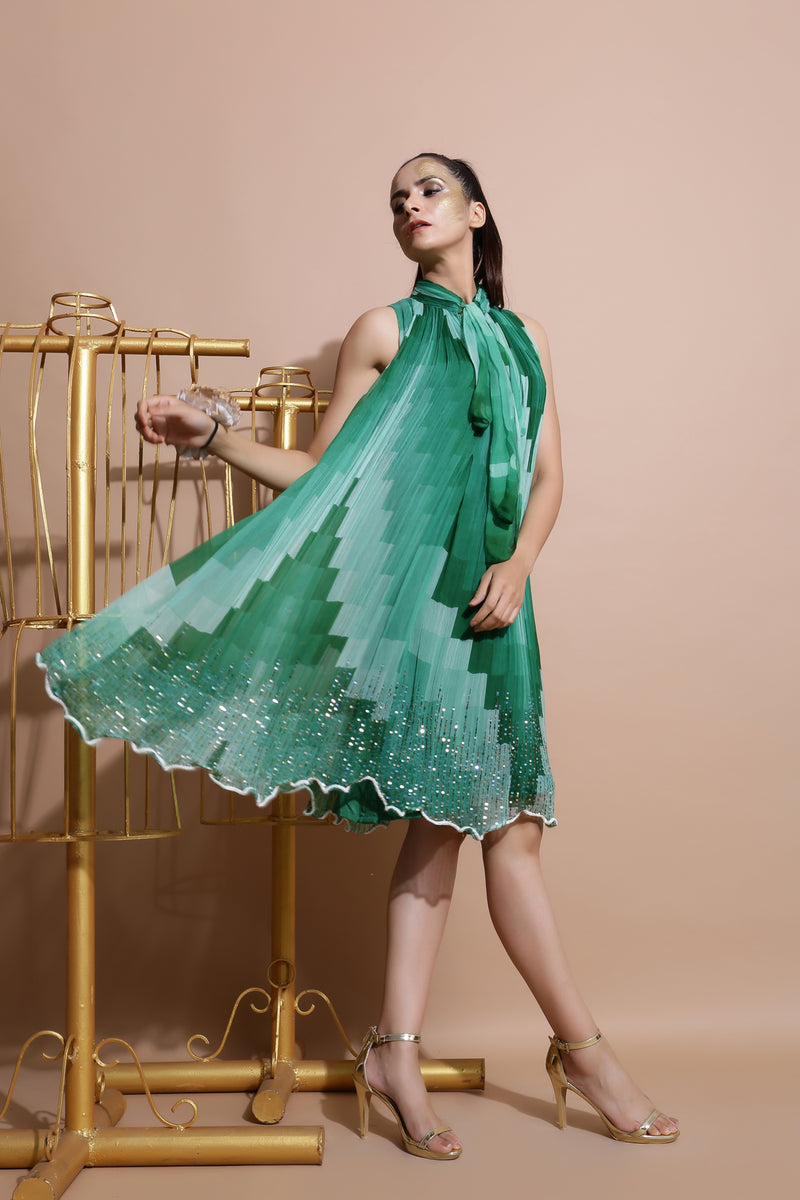 Green sequin Embroidered Dress-Indo Western-Pallavi Jaipur