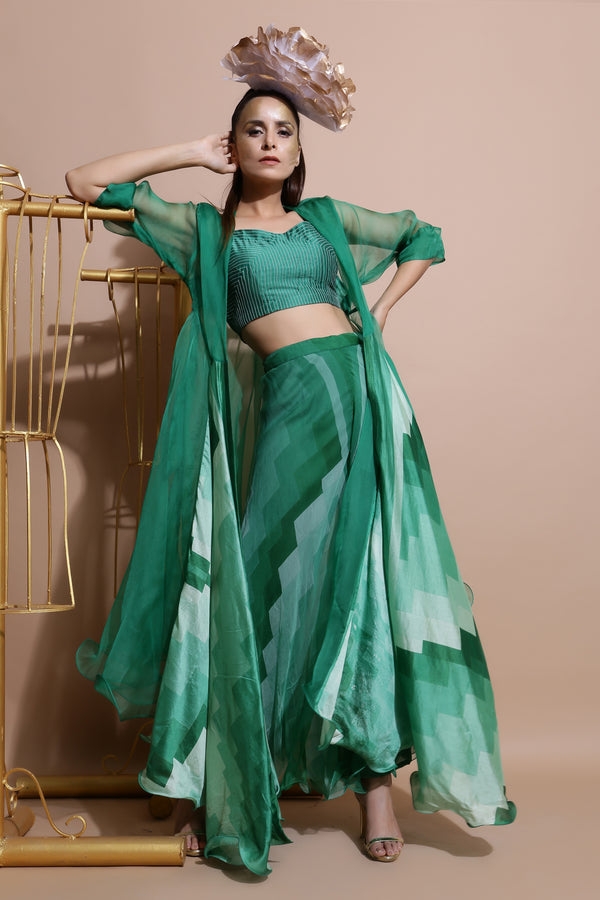 Green Printed Cape with Pants and Crop top-Indo Western-Pallavi Jaipur