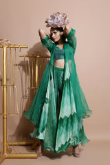Green Printed Cape with Pants and Crop top-Indo Western-Pallavi Jaipur