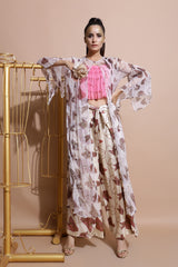 Fawn Cape With Wrap Pants and Crop Top-Indo Western-Pallavi Jaipur