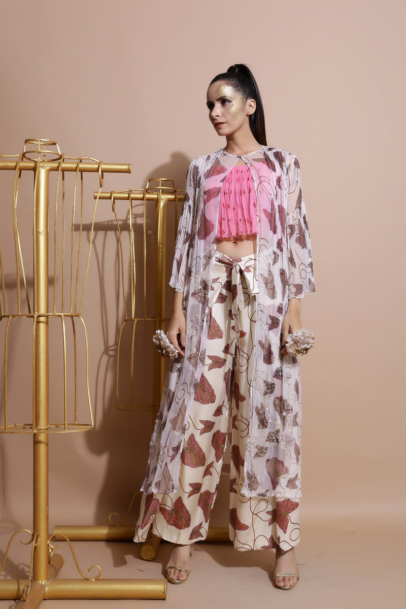 Fawn Cape With Wrap Pants and Crop Top-Indo Western-Pallavi Jaipur