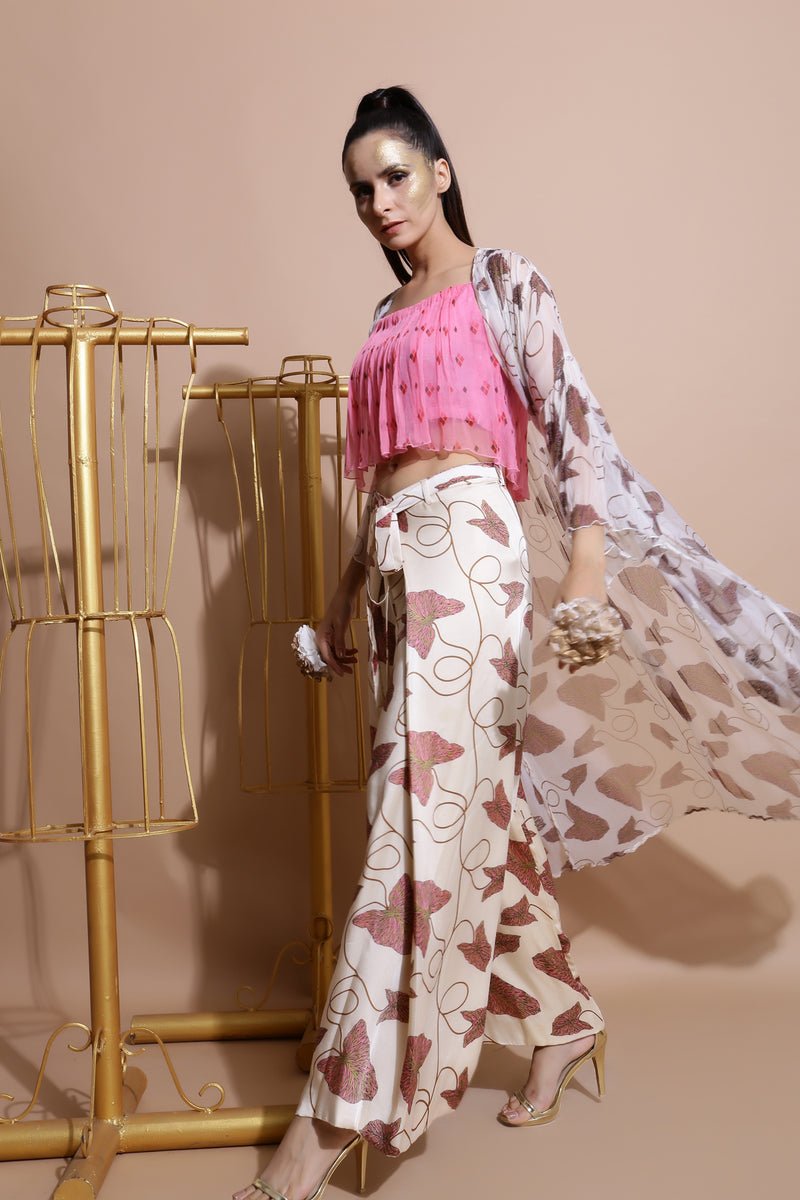 Fawn Cape With Wrap Pants and Crop Top-Indo Western-Pallavi Jaipur
