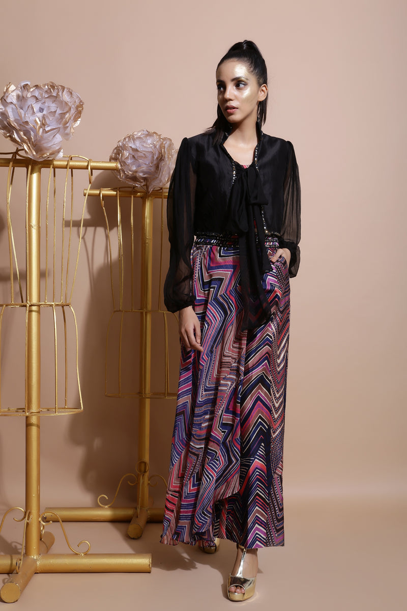 Navy leheriya culottes and crop top set with tie-up bolero