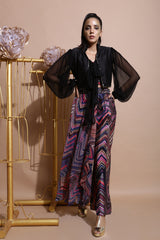 Navy leheriya culottes and crop top set with tie-up bolero