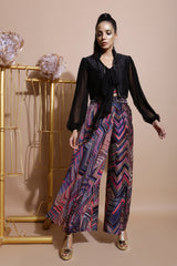 Navy leheriya culottes and crop top set with tie-up bolero