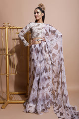 Fawn Frill Saree with Embroidered Blouse and Belt-Indo Western-Pallavi Jaipur