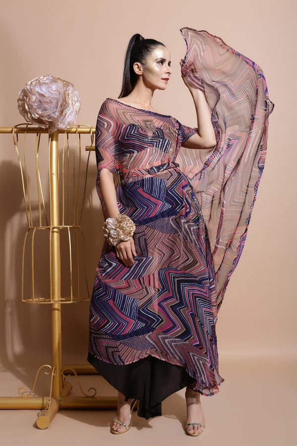 Navy leheriya one off-shoulder cape and pants set