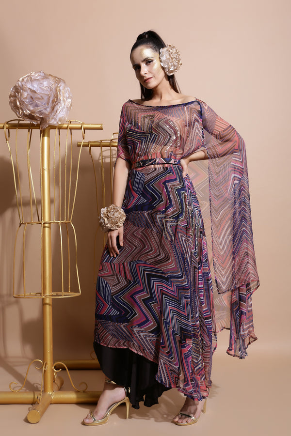 Navy leheriya one off-shoulder cape and pants set