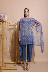 Indigo Blue Printed Cape with Pants and inner-Indo Western-Pallavi Jaipur