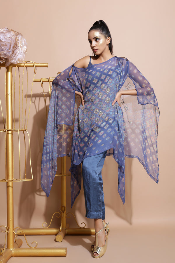 Indigo Blue Printed Cape with Pants and inner-Indo Western-Pallavi Jaipur