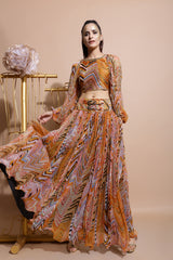 Mustard leheriya balloon sleeve crop top and skirt set