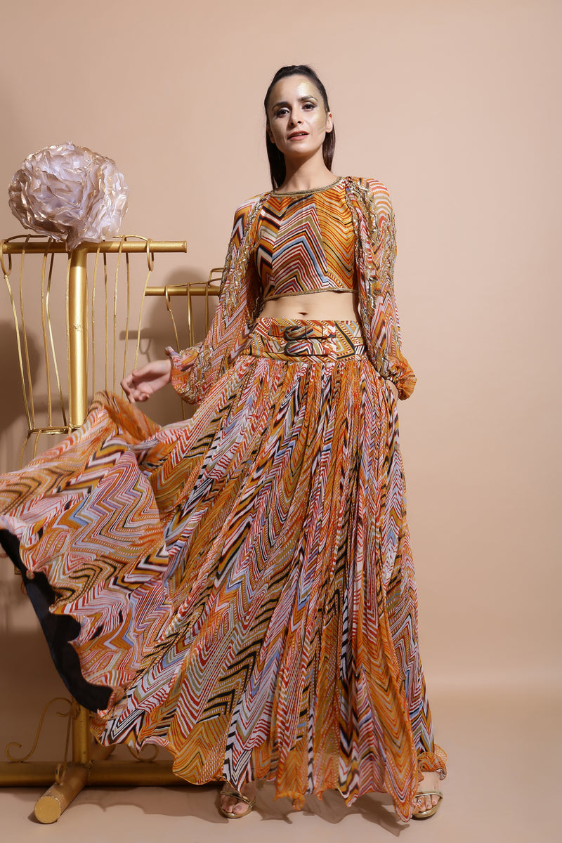 Mustard leheriya balloon sleeve crop top and skirt set