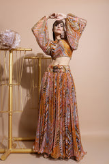 Mustard leheriya balloon sleeve crop top and skirt set