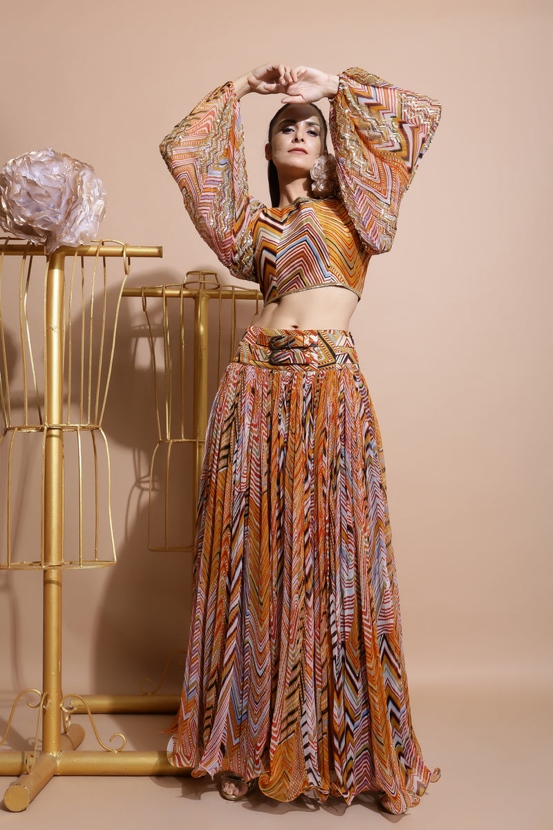 Mustard leheriya balloon sleeve crop top and skirt set