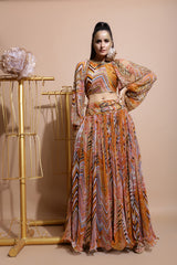 Mustard leheriya balloon sleeve crop top and skirt set