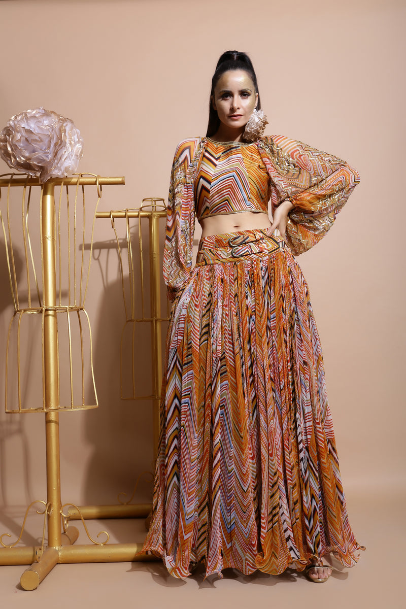 Mustard leheriya balloon sleeve crop top and skirt set
