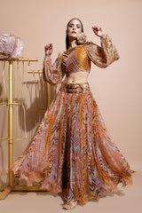 Mustard leheriya balloon sleeve crop top and skirt set