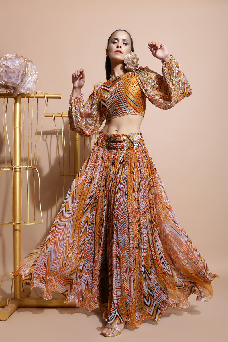 Mustard leheriya balloon sleeve crop top and skirt set