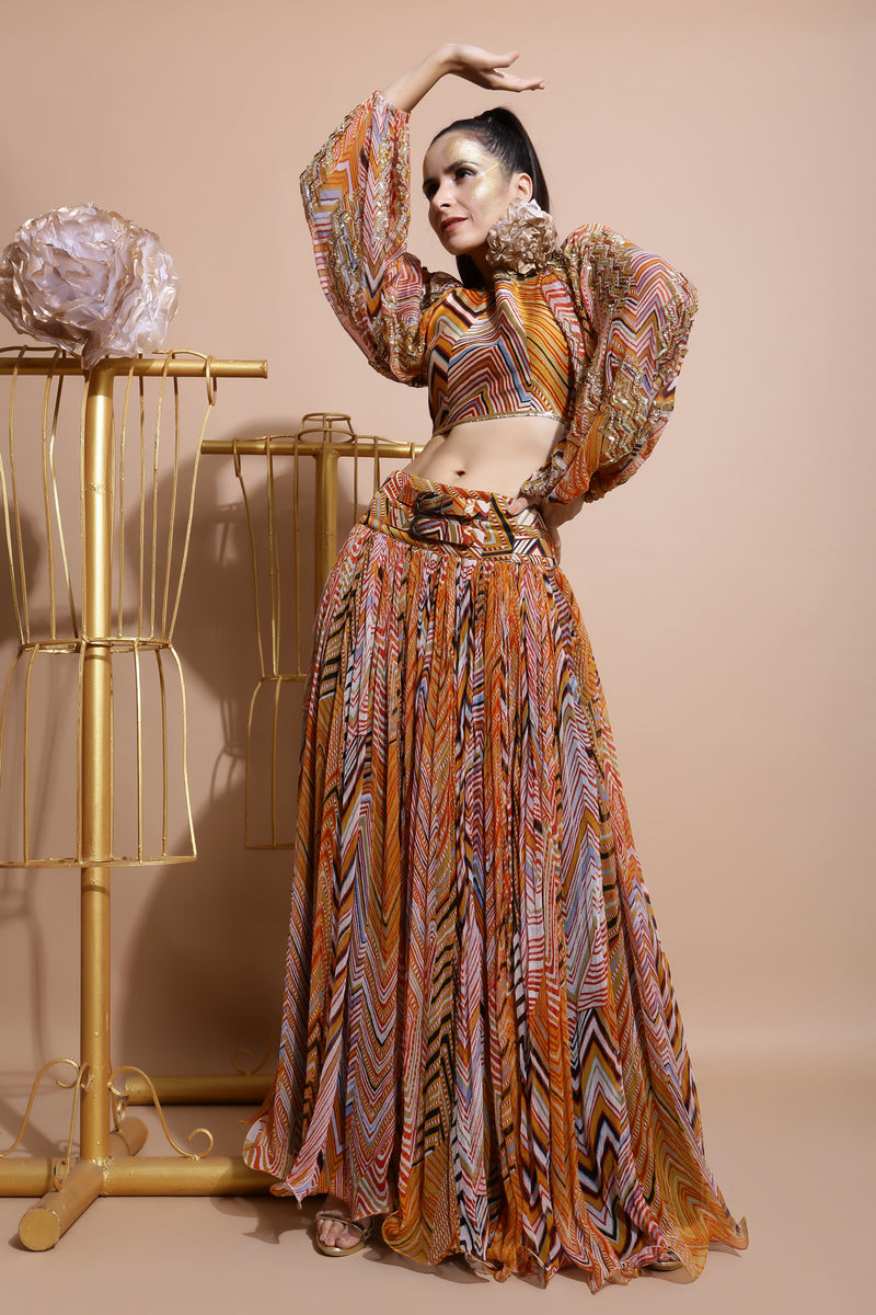 Mustard leheriya balloon sleeve crop top and skirt set