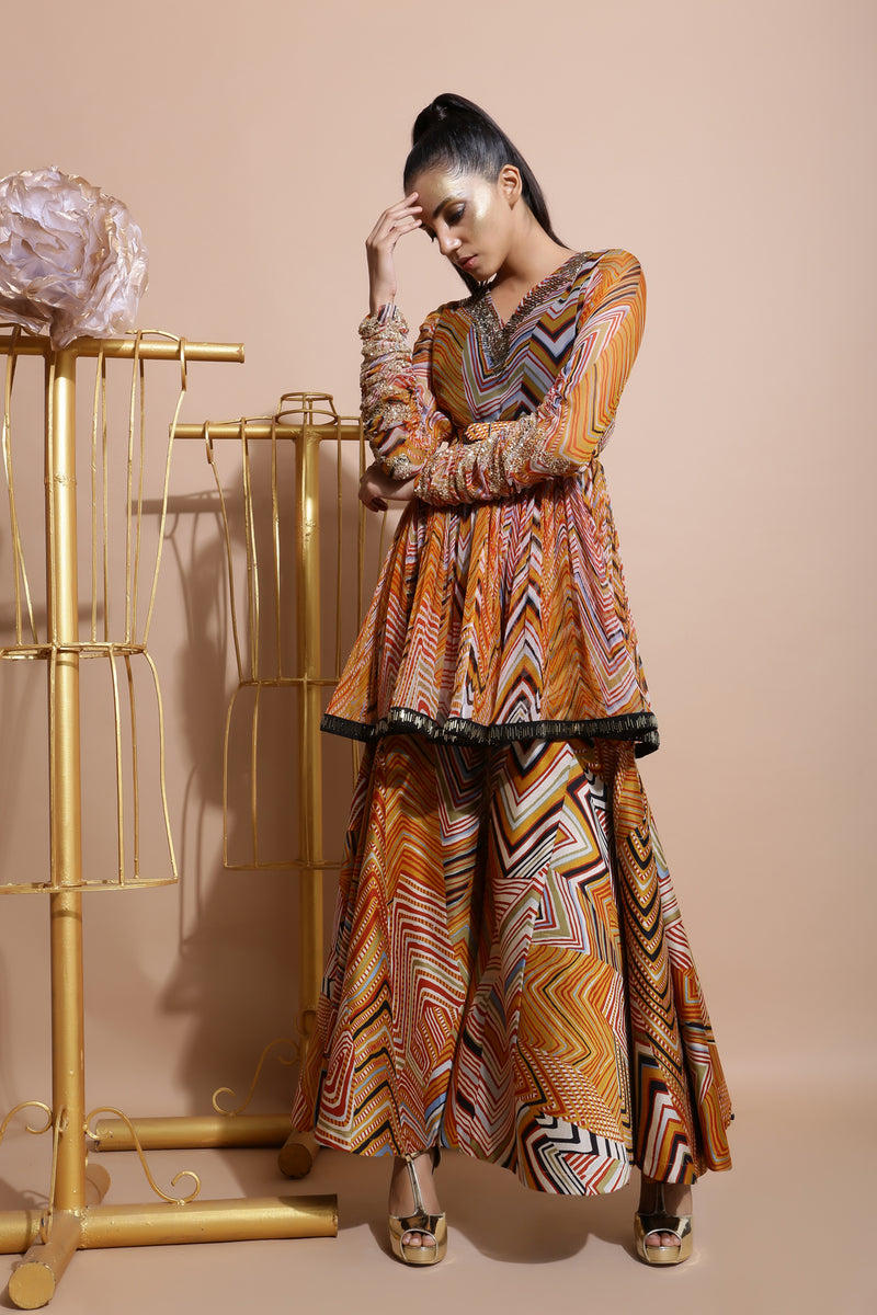 Mustard leheriya kurta and bell bottoms set