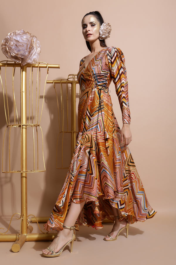 Mustard Angarakha Style Wrap Dress-Indo Western-Pallavi Jaipur